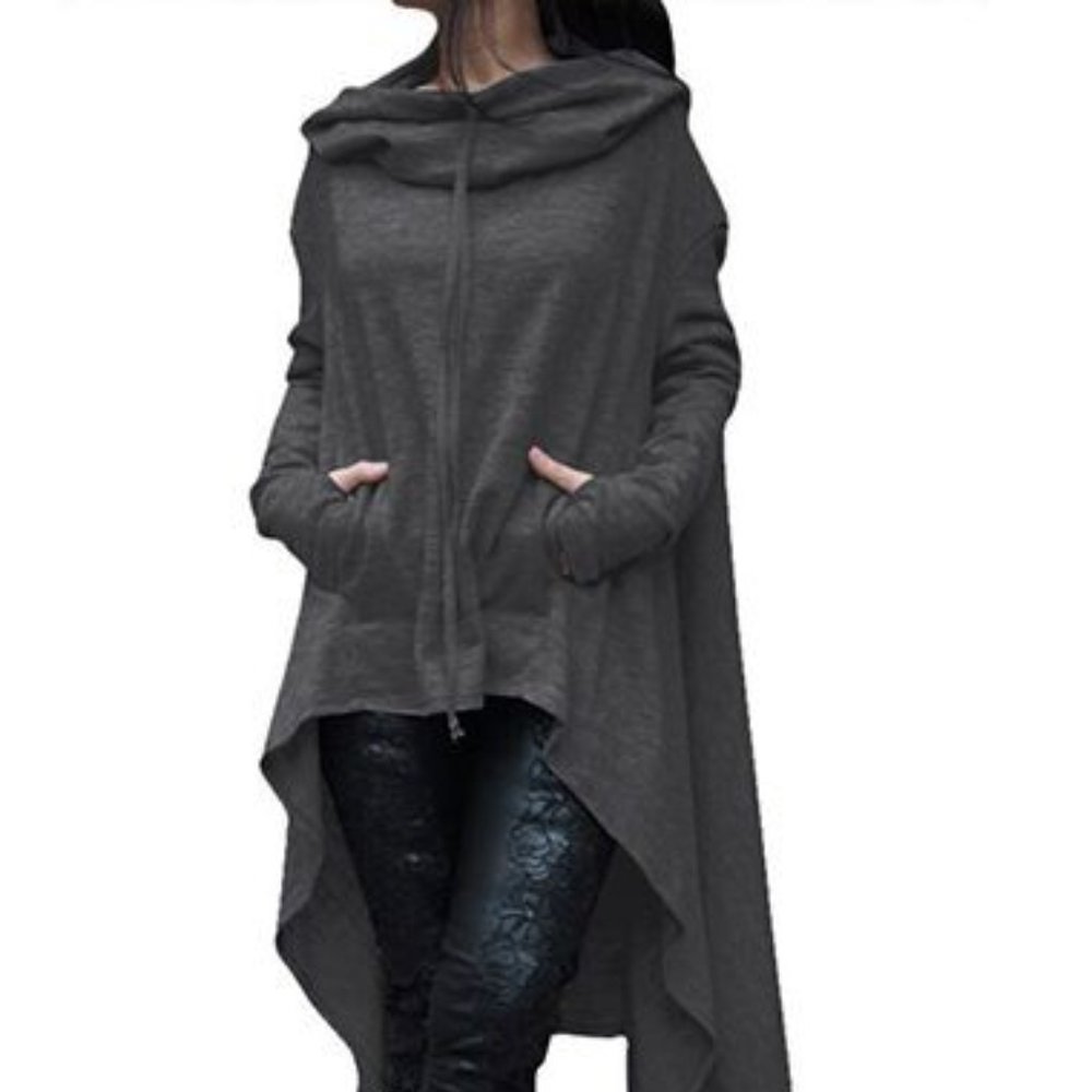 Long Sleeve Solid Gray Drawstring Hoodie - Large - image 1